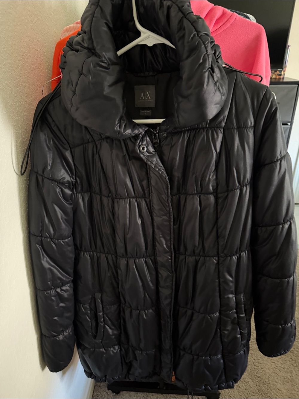 Armani Exchange Black Quilted Puffer Jacket with High Collar